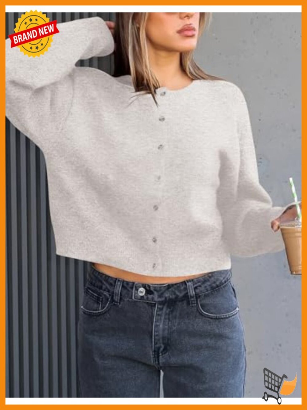 Cropped Cardigan Sweater Crew Neck Long Sleeve Button Front Lightweight Knit - Picture 3 of 5